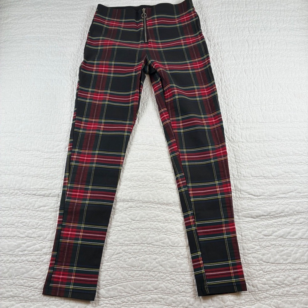 NWT Shinestar Plaid Legging M Red Black Exposed Ring Zip Punk Grunge Academia